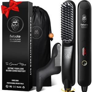 Heated Ionic Hair Straightening Brush for Men - 5 Temperature Settings, Anti-Scald, Beard Shaper & Travel Bag (Black)