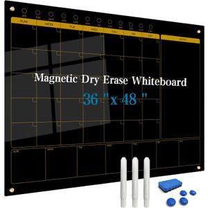 Magnetic Glass Blackboard Calendar 48"x36" Monthly Glass Dry Erase Board for Wall Planner GlassBlack Board Calender Wall Mounted for Office School Home(Black)
