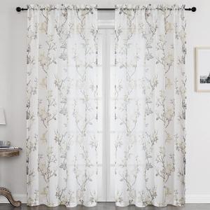 SMILE WEAVER White Sheer Curtains 84 inch Length 2 Panels for Living Room,Floral Semi Sheer Curtain-Rod Pocket Voile Linen Textured Privacy Light Filtering Window Drapes for Bedroom/Kitchen