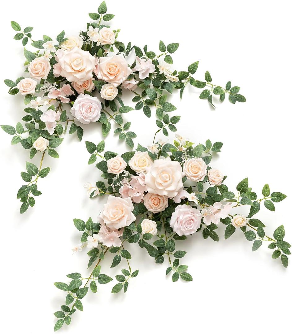 Ling's moment 2PCS Blush Cream Artificial Floral Swags Wedding Arch Flowers Rose Garland Centerpieces Greenery Arrangements for Sweetheart/Head Table Easel Wall Entryway Board Backdrop