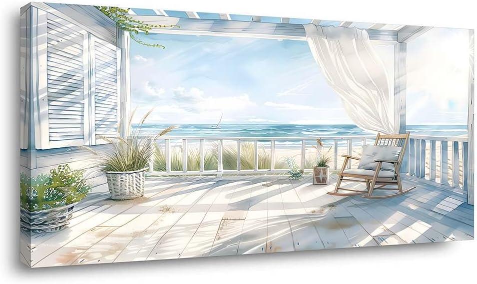 Relaxing Coastal Beach House Porch Canvas Wall Art Ocean View Watercolor Painting Print Gallery Wrapped Sunny Seaside Artwork for Living Room Bedroom Bathroom Decor，40x20 INCH