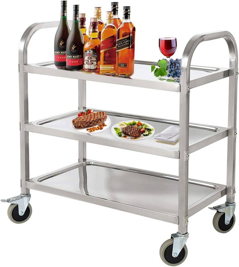 DRM 3 Tier Stainless Steel Catering Service Cart Kitchen Trolley Kitchen Car Shelf Utility with Wheels (75 * 40 * 83.5CM)