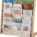 HDView Kids Bookshelf 7 Tier Wooden Book Organizer Toddler Book Sling Rack with Deep Sleeves for Boys Playroom Nursery Bedroom, Space Saver, Up to 200 Kids Books