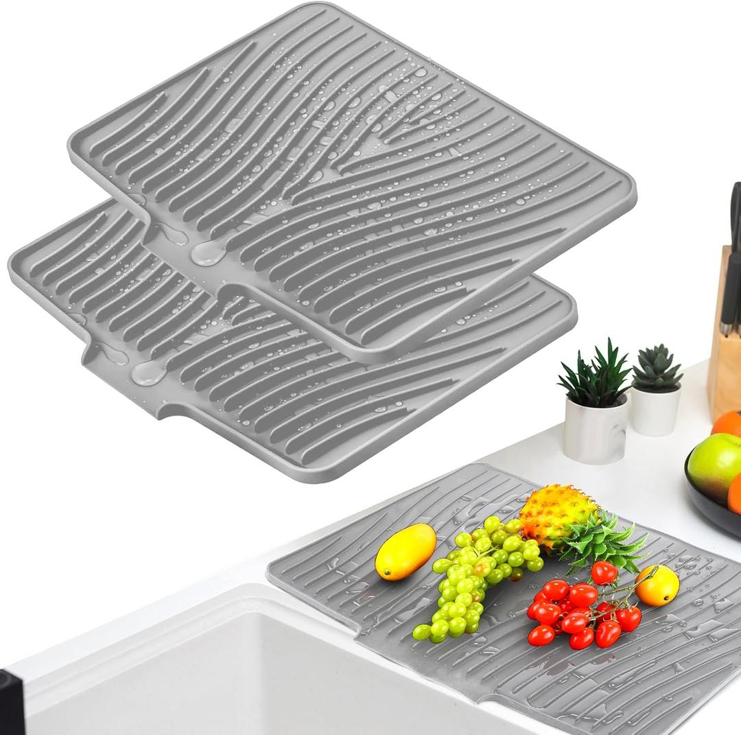 2 Pcs Silicone Dish Drying Mats for Kitchen Counter 15.8x13" Dish Drying Pads with Drain Lip Non Slip Heat Resistant Drainer Mats Easy to Clean Tray Protects for Sink Multiple Usage(Grey) (Gray)