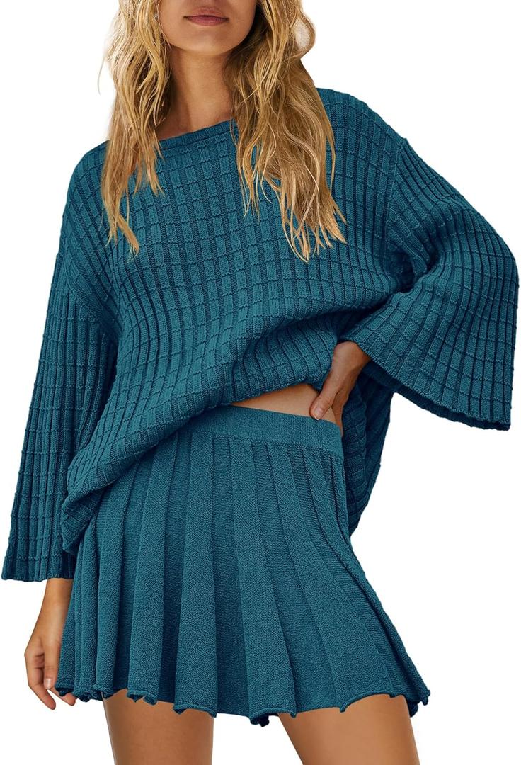 Yanekop Womens 2 Piece Sweater Skirt Set Loose Matching Lounge Sets Comfy Pajamas Set Long Sleeve Top and Skirt Sets (Blue, M)