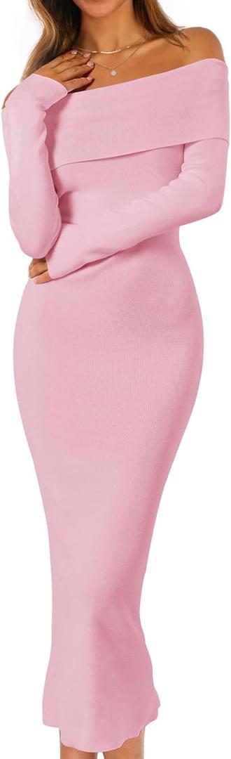 MEROKEETY Women's Fall Off Shoulder Bodycon Sweater Dress 2025 Formal Long Sleeve Elegant Club Party Midi Maxi Dresses (Medium, Lightpink)