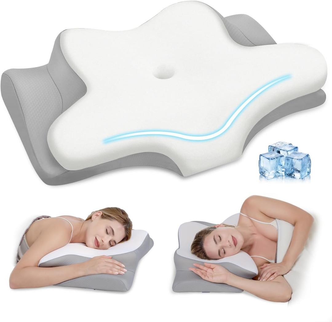 Cervical Neck Pillow, Memory Foam Pillows for Neck and Shoulder Pain Relief, 2 Heights Ergonomic Pillow with Breathable Ice Silk Cover, Neck Support Pillow for Stomach Sleepers White