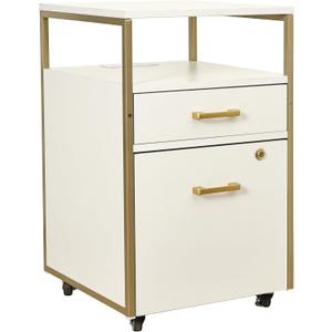 Modern 2-Drawer Rolling File Cabinet with Lock, 2 USB Ports and Power Outlet for Device Charging, Portable File Organizer or Printer Stand for Office or Home with Locking Wheels, White & Gold