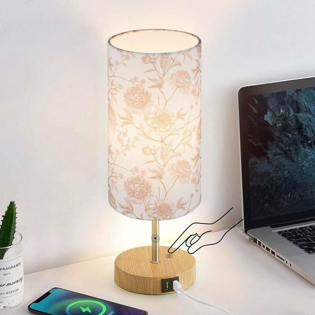 Bedside Touch Lamp, Wood Small Table lamp with 2 USB Charging Ports & Flower Fabric Shade, 3-Way Dimmable Nightstand Lamps for Living Room Bedroom Office Reading Desk Home Dorm Pink