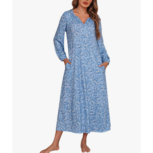 Marvmys Womens Cotton Long Sleeve Nightgown Long Sleepshirts Full Length Henley Sleep Dress with Pockets Large