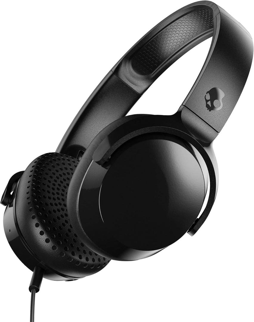 Skullcandy Riff On-Ear Wired Headphones, Convenient for Travel with 3.5mm AUX Plug, Built-in Microphone, Foldable Lightweight Comfortable Design, Durable Headband, Reliable Simplicity - Black