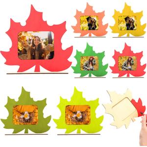 Amyhill 6 Pcs Fall DIY Picture Frames Thanksgiving Day Craft Wooden Maple Leaf Photo Frames Autumn Gifts for Friends DIY Maple Leaf Shaped Unfinished Wooden Photo Autumn Party Event Decorations