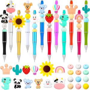 Ctosree 12 Set Animal Beadable Pens Bulk Plastic Ballpoint DIY Crafting Pens Making Kit with Silicone Beads for Christmas Birthday Party Favor Gifts Fillers Office Supplies