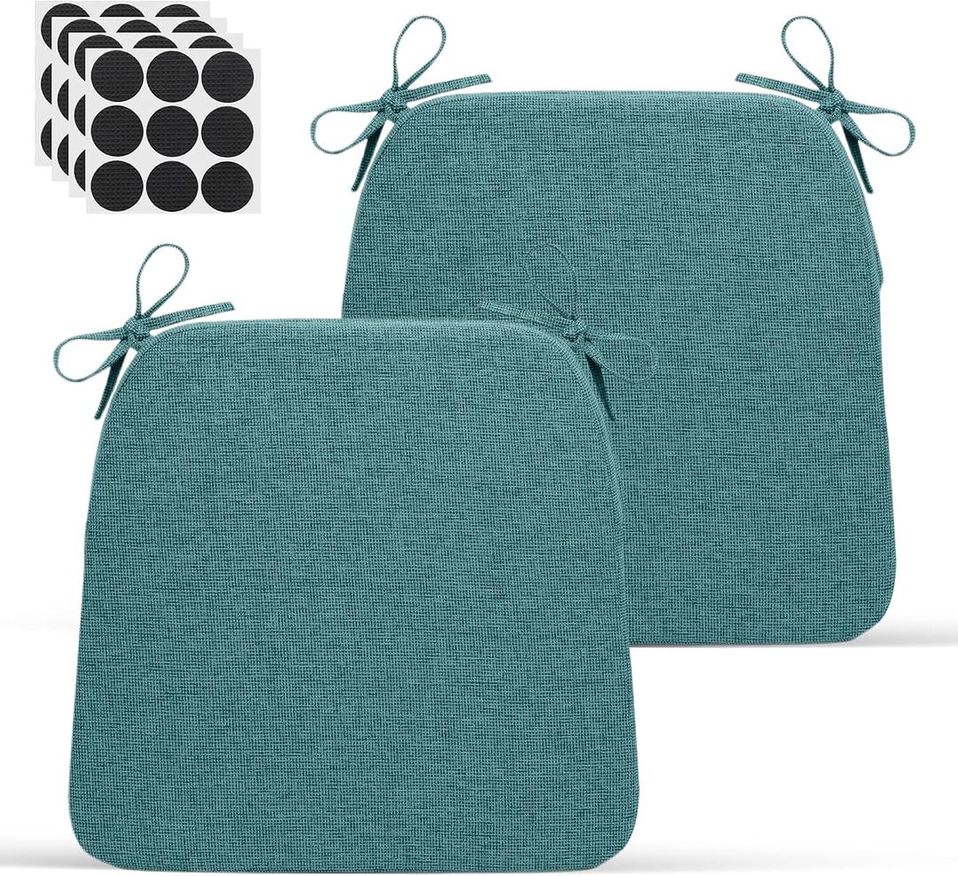 Chair Cushions for Dining Chairs - 17" x 16" x 2" D-Shaped Indoor Seat Cushions - Non Slip Chair Pads with Removable Ties and Washable Cover Set of 2 - Chair Leg Pads Included - Teal