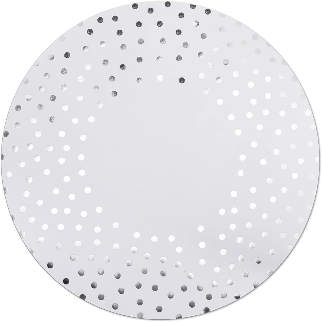 50 Pcs 14 Inch White and Silver Foil Paper Place Mats Silver Polka Dots Round Placemats Disposable Decorative Table Mats for Wedding Banquet Party Home Dining Table Decor