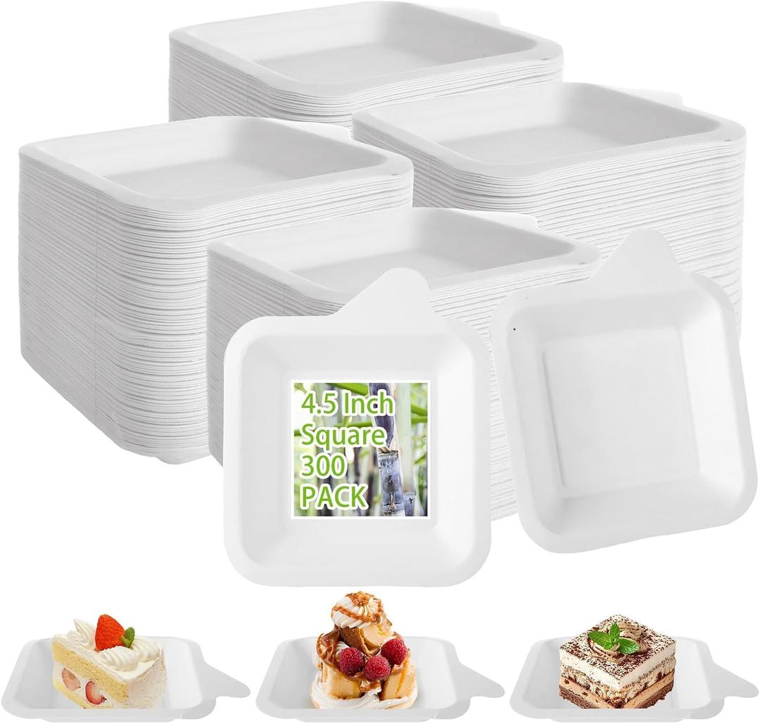 300 PCS Small Paper Plates 4 Inch Small Disposable Plates White Square Paper Plates Paper Dessert Plates Paper Plates Bulk Cake Paper Plates Sugarcane Plates for Holiday Wedding Graduation Party