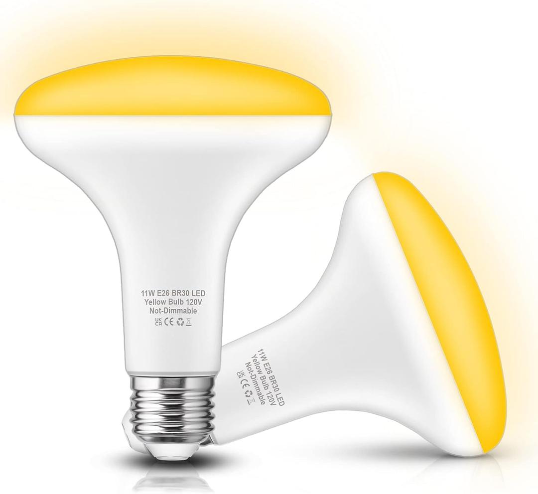 EvaStary Yellow Bug Light Bulb Outdoor, 100W Equivalent Yellow Amber Bulbs, 11W BR30 LED Flood Lighting Not-Attracting Bugs Lights for Porch Lights, E26 Base 5/6 inch Recessed Can Light Bulbs, 2 Pack