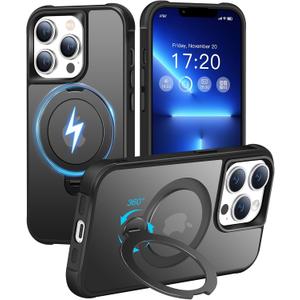 HuwaiH 360 Rotatable Magnetic Ring Stand for iPhone 13 pro Case, Compatible with MagSafe, Military-Grade Shockproof, Anti-Scratch Matte Translucent Phone Case for iPhone 13 pro (Black)