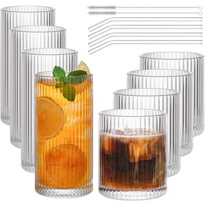 7 x Set of 8 Vintage Ribbed Glassware,4 Highball Glasses 12 oz,4 Rocks Drinking Glasses 14 oz,Ribbed Cocktail Glass Cup,Drinking Glass Set,Used for Whiskey,Juice,Smoothies,Mixed Drinkware