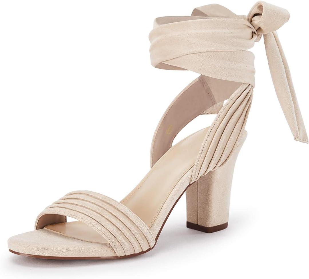 Coutgo Womens Strappy High Heels Chunky Heeled Sandals Bow Tie Lace Up Open Toe Pumps Dress Wedding Comfortable Shoes (8.5, Beige)