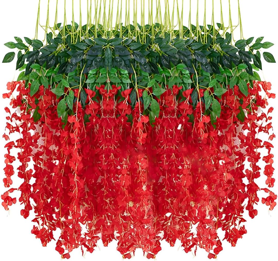 24pcs Wisteria Hanging Flowers,3.6 FT Fake Wisteria,Artificial Wisteria Hanging Flowers Wisteria Garland Arch Silk String for Wedding Garden Party Outdoor Home Wall Decoration (24pcs red)