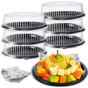Tessco 6 Pcs Heavy Duty Serving Tray and Lid 12 Pcs Deli Wax Paper Sheets Large, Black Plastic Round Platters with Clear Lids for Party Food Sandwich Veggie Cookie Tray, Heavy Duty (12 Inch)