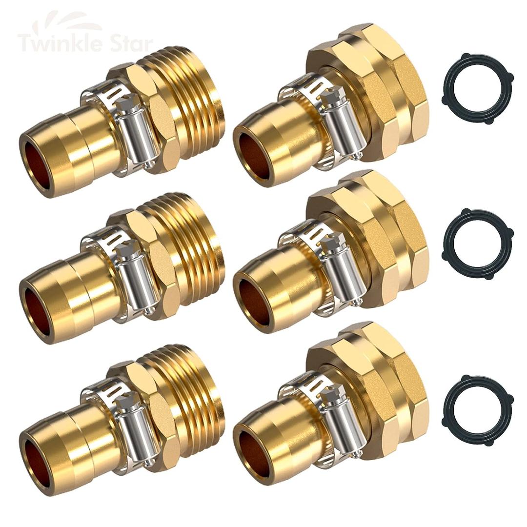 Twinkle Star Garden Hose Repair Connector with Clamps, Male and Female Garden Hose Repair Kit, Fit for 3/4" or 5/8" Garden Hose Fitting, 3 Set