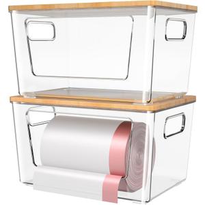 Spospo 2 Pack Trash Bag Holder with Bamboo Lid, Stackable Trashbag Dispenser, Extra Large Garbage Bag Holder for Kitchen Laundry Room Under Sink Organization and Storage