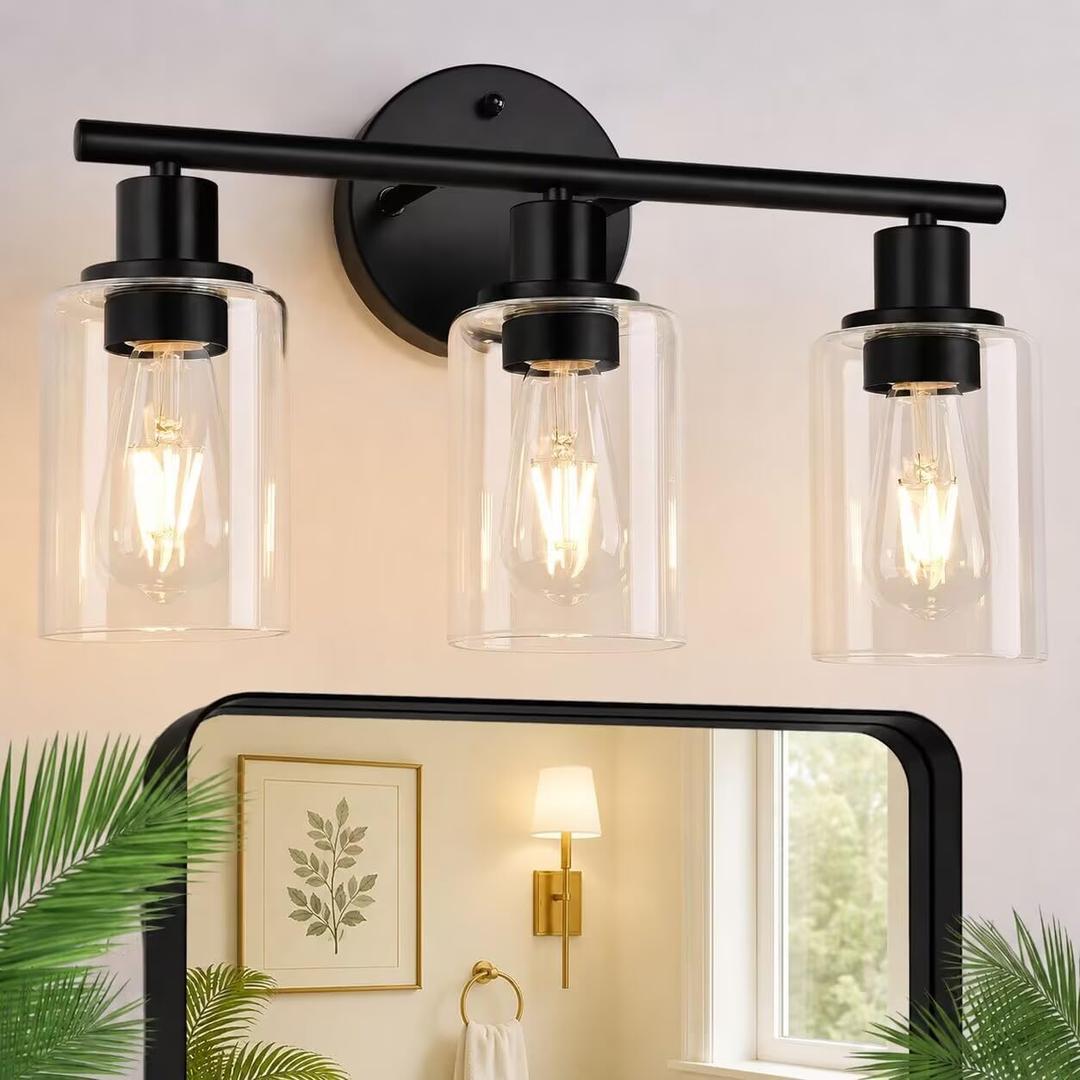 Zarbitta 3-Light Bathroom Light Fixtures, 17.23" Black Modern Vanity Lights with Clear Glass Shade, Bathroom Wall Lamp for Mirror Kitchen Living Room Hallway Cabinet Porch