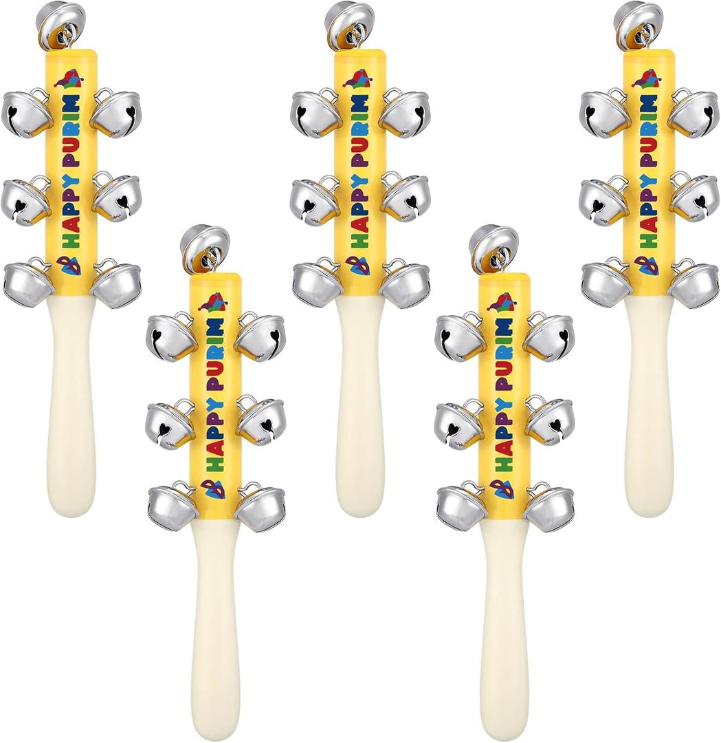 5 Pieces Happy Purim Wood Gragger with Bells 8" H Colorful Purim Gragger Noise Makers Party Favors Holiday Noisemakers Jewish Groggers for Celebration Goodie Bag Fillers Gifts