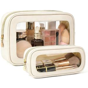 2Pcs Clear Makeup Bags Set, Clear Travel Makeup Brush Holder Leather Makeup Case Toiletry Bag with Zipper Portable Cosmetic Pouch Waterproof Makeup Brush Storage Bag Car Bag for Essentials (White Set)