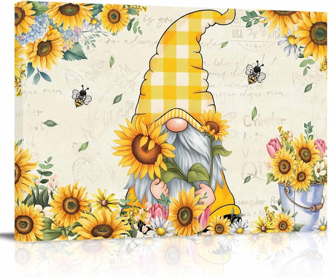 Sunflower Gnome Canvas Print Wall Art - Bees Flowers Leaf on Vintage Newspaper Background - Wall Decor Modern Artwork Paintings Pictures for Living Room Stretched and Framed Ready to Hang - 16" x 24"