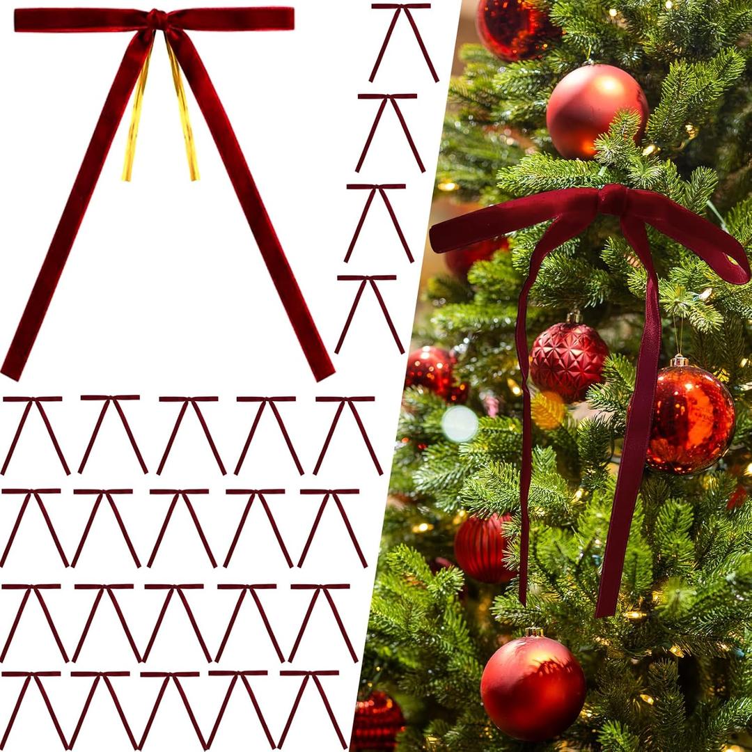 24Pcs Burgundy Velvet Christmas Tree Bows Ornaments Vintage Velvet Ribbon Bows for Tree Garland Wreath Indoor Outdoor Christmas Decor Xmas Decorations 3/8" Wide, 5 * 7 inch