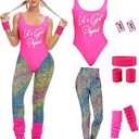 MIAIULIA Womens 80s Workout Costume Outfit 80s Accessories Set Leotard Neon Legging Headband Wristbands Set, S