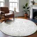 Carvapet Round Rugs, Vintage Circle Rug, Washable Non Slip Rubber Backing Foldable Low Pile for Living Room Bedroom, 6ft Grey Rug