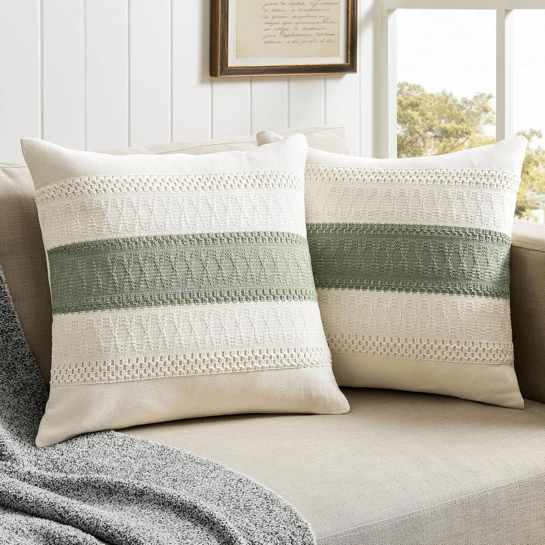 ZeeMart 2 Packs Cotton Boho Throw Pillow Covers 18x18 Inch Contrast Green, Soft Farmhouse Decorative Couch Pillow Cases Sage Green Cushion Covers for Sofa Bed Living Room Home Decor