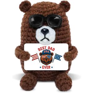 2 x Best Dad Ever Gifts - Handmade Positive Crochet Animals Bear with Card - Fathers Day Birthday Gifts for Dad from Daughter Son, Funny Bear Gift for Dads, Stepdad Father Gift, Table Desk Decor (Brown - Patriotic Dad)