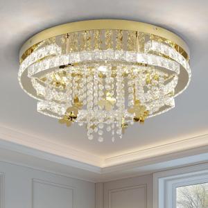 GreeLustr Modern Low Profile Crystal Chandeliers, Large Round Crystal Ceiling Light for Living/ Dining Room, Semi Flush Mount Raindrop Chandelier for Bedroom, Adjustable LED Lights Fixture 20″ 5-Light