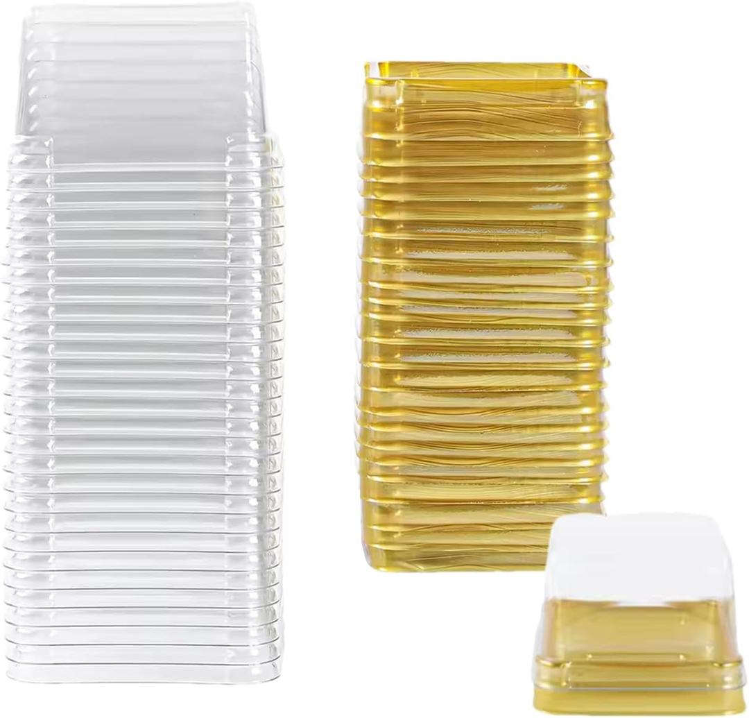 50Pcs Square Plastic Cake Boxes with Lids, 2.73" Clear PET Dessert Containers for Cupcakes, Muffins, Pastries, Bakery Packaging for Wedding, Birthday, Party Favors (gold base), Small