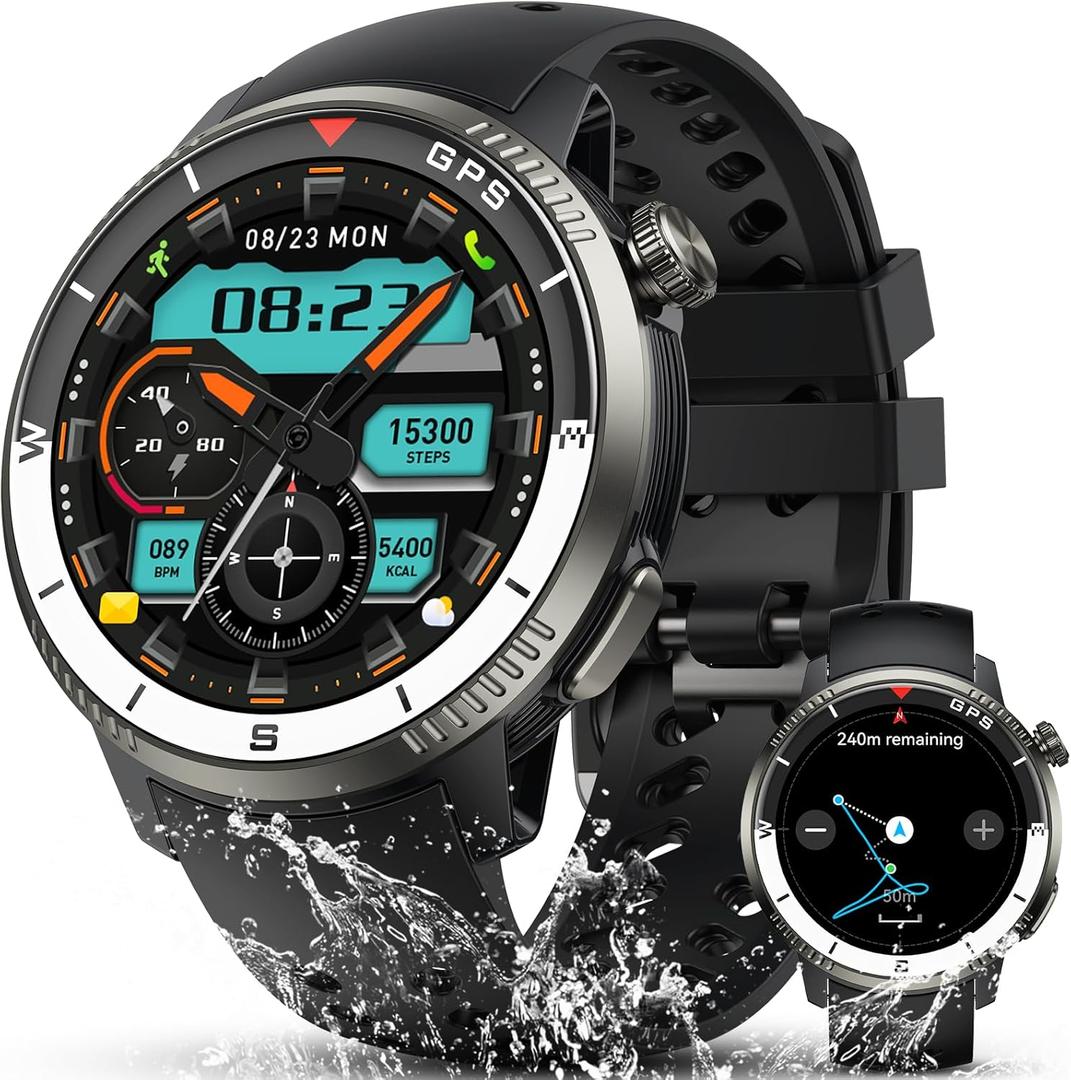 Smart Watch(Answer/Make Call), GPS Smartwatch for Men Women, 1.43"HD AMOLED Display, Fitness Activity Tracke with 170+ Sport Modes, 5 ATM Water-Resistance, Pedometer, Stress, Heart Rate, Sleep Monitor