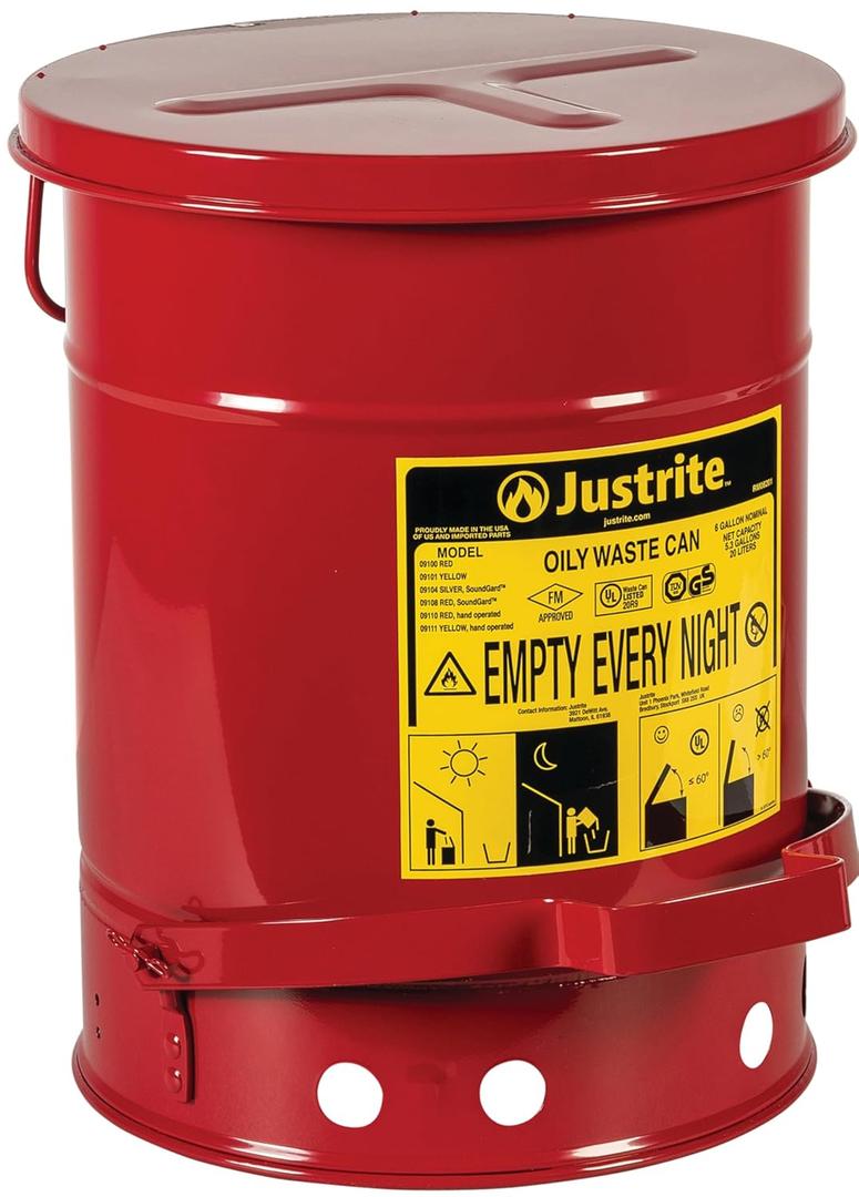 Justrite 6 Gallon Galvanized Steel Oily Waste Can, 16" x 12" Metal Oil Rag Safety Can With Foot Operated Self-Closing Lid for Oil Rag Disposal, Made in the USA, Red, 09100