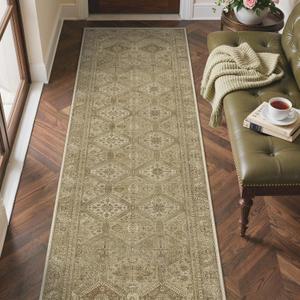 2x5 Runner Rug for Hallway Entryway Kitchen Rug Washable Runner Brown | Vintage Print Carpet, Low Pile Lightweight Rugs with Non Slip Backing for Home Office Dining Room