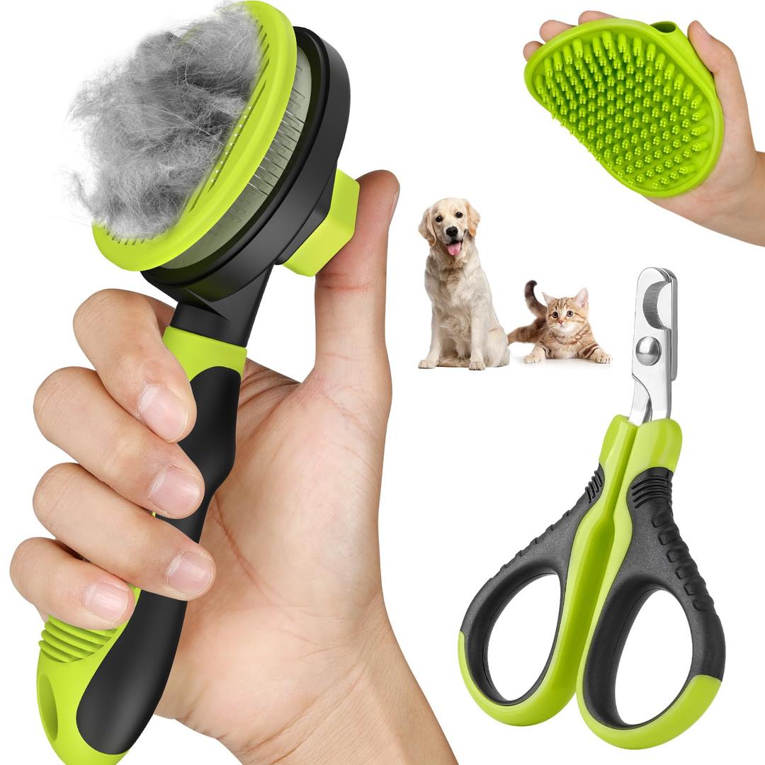 Comotech 3PCS Cat Grooming Supplies,Cat Brush & Nail Clipper/Trimmer & Flea Comb for Shedding Indoor Cats Dogs and Small Animals - Meet All Your Pet's Daily Grooming Needs - All in One Set (Green)