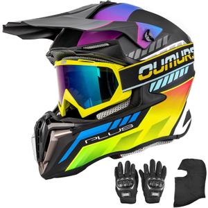 OUMURS Adult ATV Dirt Bike Helmet with Gloves & Mask Adjustable Sun Visor Motorcycle Adult Helmet Off-Road Motocross Downhill Moped MX for Unisex-Adult-Mutiple Black, M