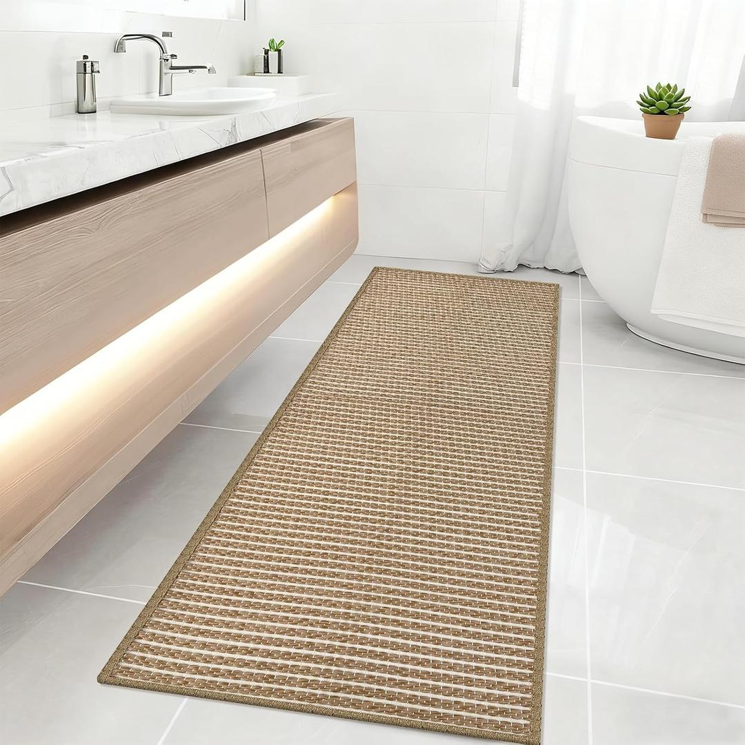 Long Bathroom Rug,24"x60"Braided Kitchen Runner,Boho Kitchen Mats for Floor,Super Absorbent Hallway Runner,Washable Floor Carpet for Bedroom,Entryway,Living Room,Non Slip,Brown