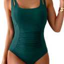B2prity Women's One Piece Swimsuit Tummy Control Ruched Bathing Suit Double Straps Push Up Swim Suit Slimming Swimwear (Green, L)