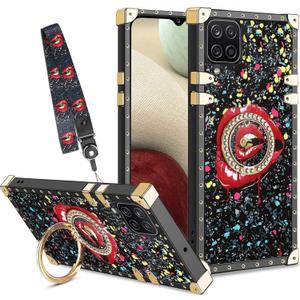 for Samsung Galaxy a12 Case, Samsung a12 Case with Kickstand Ring Strap Lanyard, Luxury Lip Kiss Cute Elegant Design Shockproof Soft TPU Protective Cover, for Galaxy a12 Case (Black Lips)