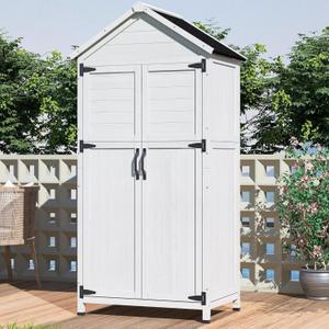 Christopher Knight Home Neapo 67" Outdoor Storage Shed, Spacious Storage Garden Tools Shed, Fire Wood Tall Sheds, Two Open Doors, Wooden Panel Design, Easy Organize Lawn Mowers, Shovels, Pots, White