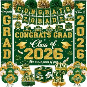 2026 Graduation Decorations - Green Congrats Grad Party Supplies include Card Box, Backdrop, Banner and Balloons for Class of 2026 Decorations Set