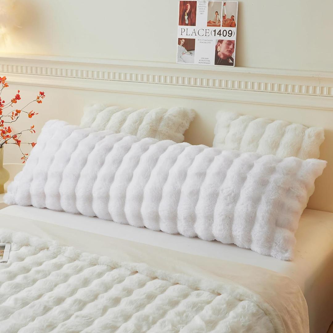 LIFEREVO Fluffy Faux Rabbit Fur Body Pillow Cover, Luxury Bubble Waffle Shaggy Plush Bed Body Pillowcase with Zipper Closure, Long 20"x54" Fuzzy Furry Pillow Case for Adults Kids Girls Teens, White